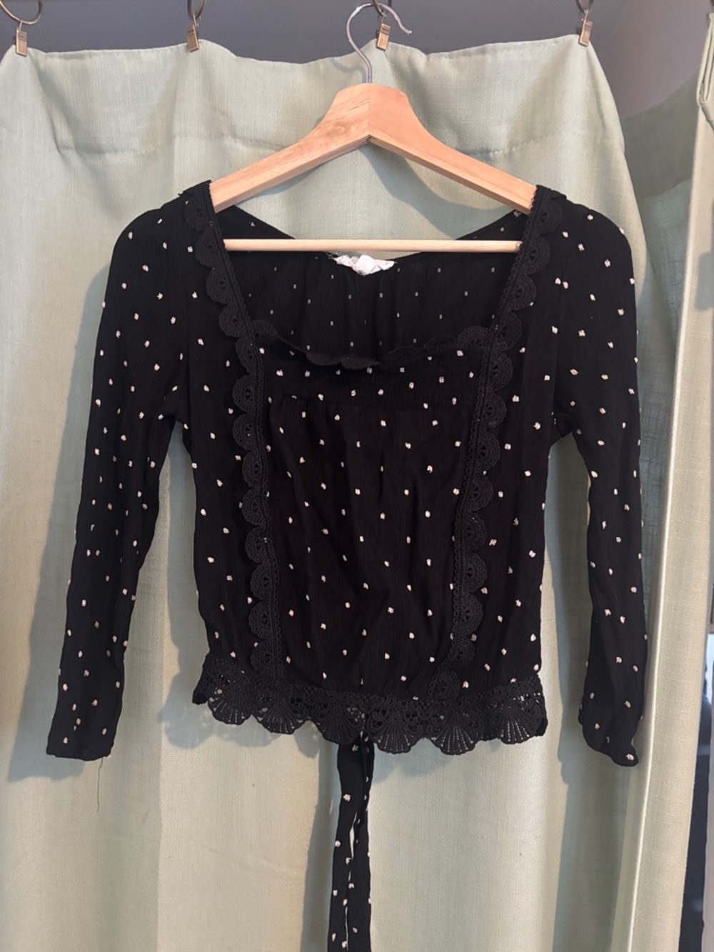 mine Black Peasant Square-Neck Blouse with White Dot Print